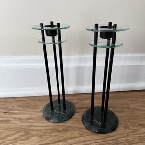 Milano Series 8.5” Candle Sticks Green Marble Acrylic Tiered Postmodern 80s